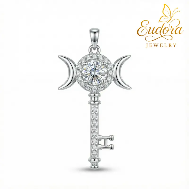 Eudora 2CT Moissanite Hecate Key Necklace, Triple Moon Goddess Pendant with Paved CZ, Silver Plated Witchcraft Amulet, Fashion Jewelry Gifts for Her