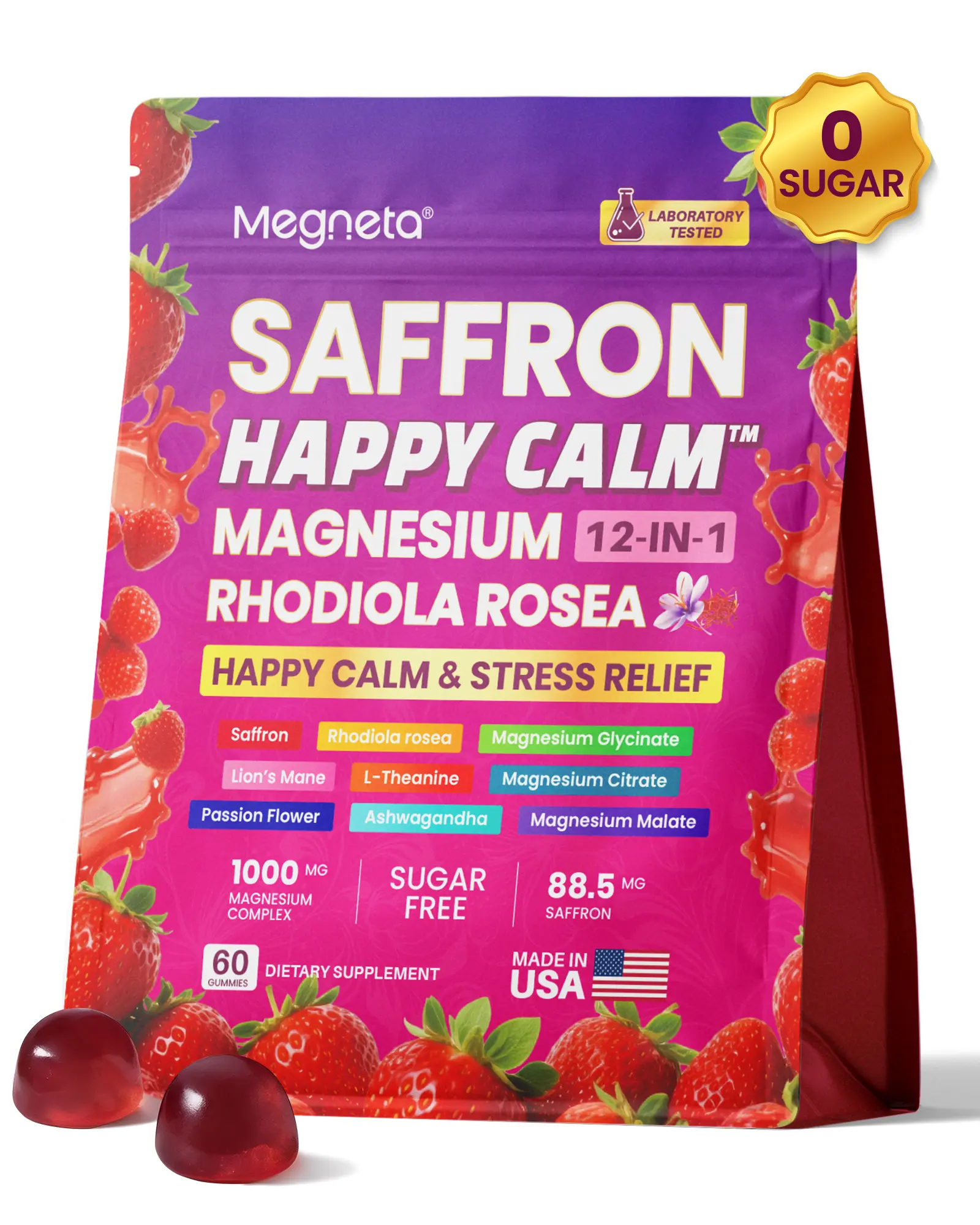12-in-1 Dietary Healthcare Magnesium Complex Gummies with Saffron-KSM-66 Ashwagandha, GABA, L-Theanine, Rhodiola, Lion's Mane - Sugar-Free, Non-GMO Strawberry Flavor, 60 Gummies for Stress Support, Mood & Sleep