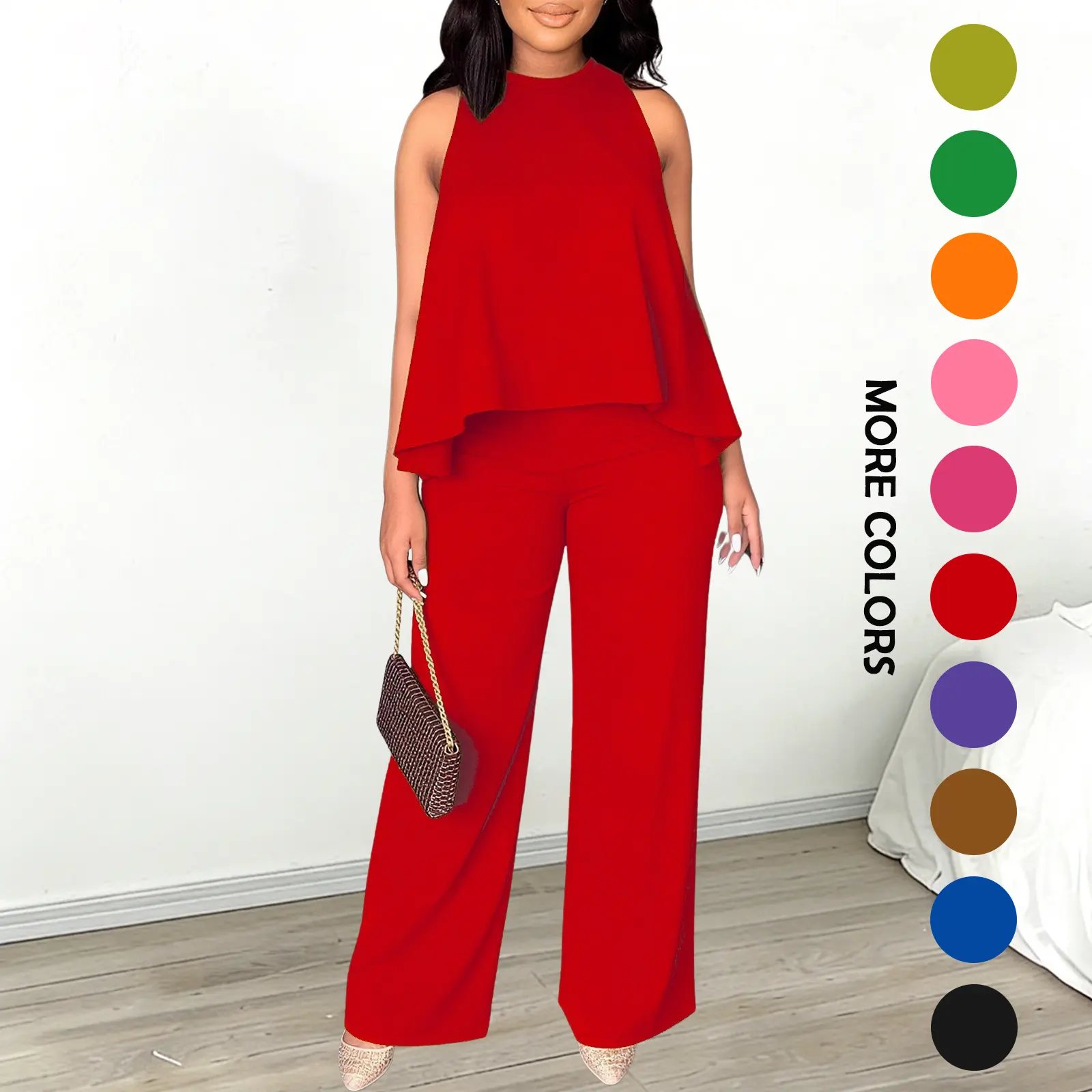 Women's Spring-Summer 2-Piece Flowy Halter Set - Lightweight, Smooth, Slimming High-Waisted Wide-Leg Pants & Sleeveless Top, Stylish Fashion Apparel Outfits for Casual-Dressy Occasions, Minimalist Womenswear Suit Sleeveless Minimalist Basic Fitted Clothes