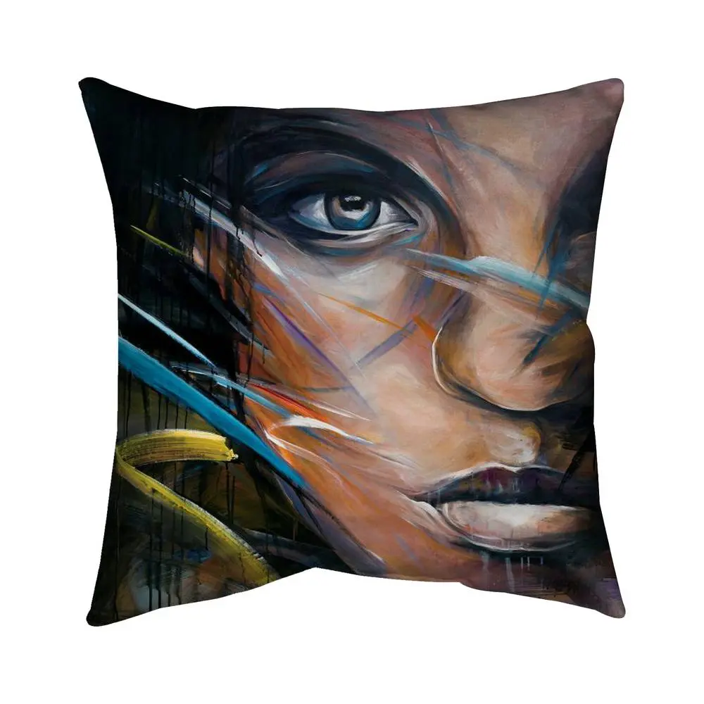 Begin Home Decor 5542-1818-FI26 Printed Polyester Outdoor Cushion, 18x18 in, UV Protected Colorful Woman Face-Blue Throw Pillow for Patio Home Decor, Perfect Gift for Personal Indulgence