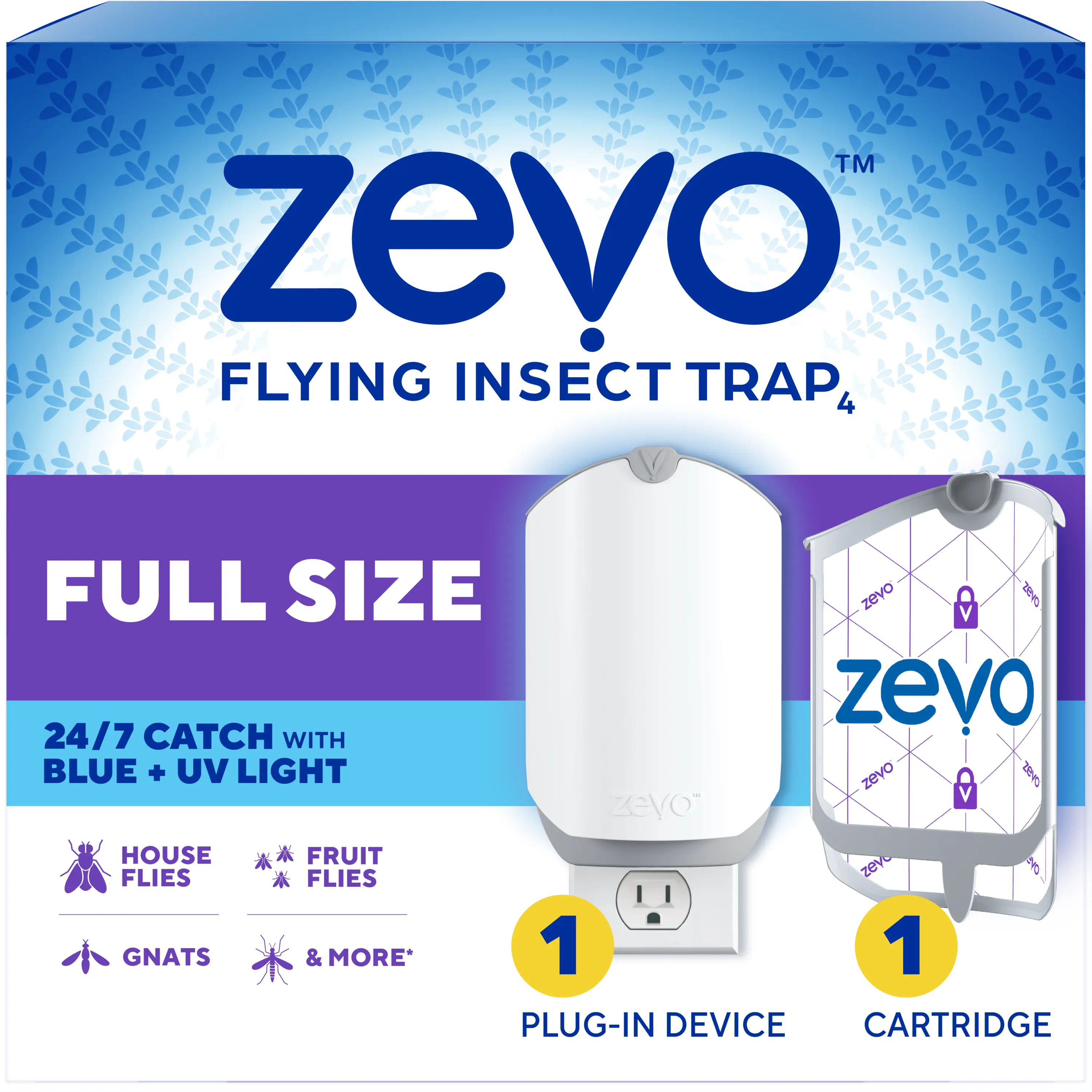 Zevo Flying Insect Traps & Cartridges - Plug In Fly Trap & Indoor Bug Catcher for Gnats, House & Fruit Flies - Mess-Free - Use in Any Room - Uses Blue & UV Light