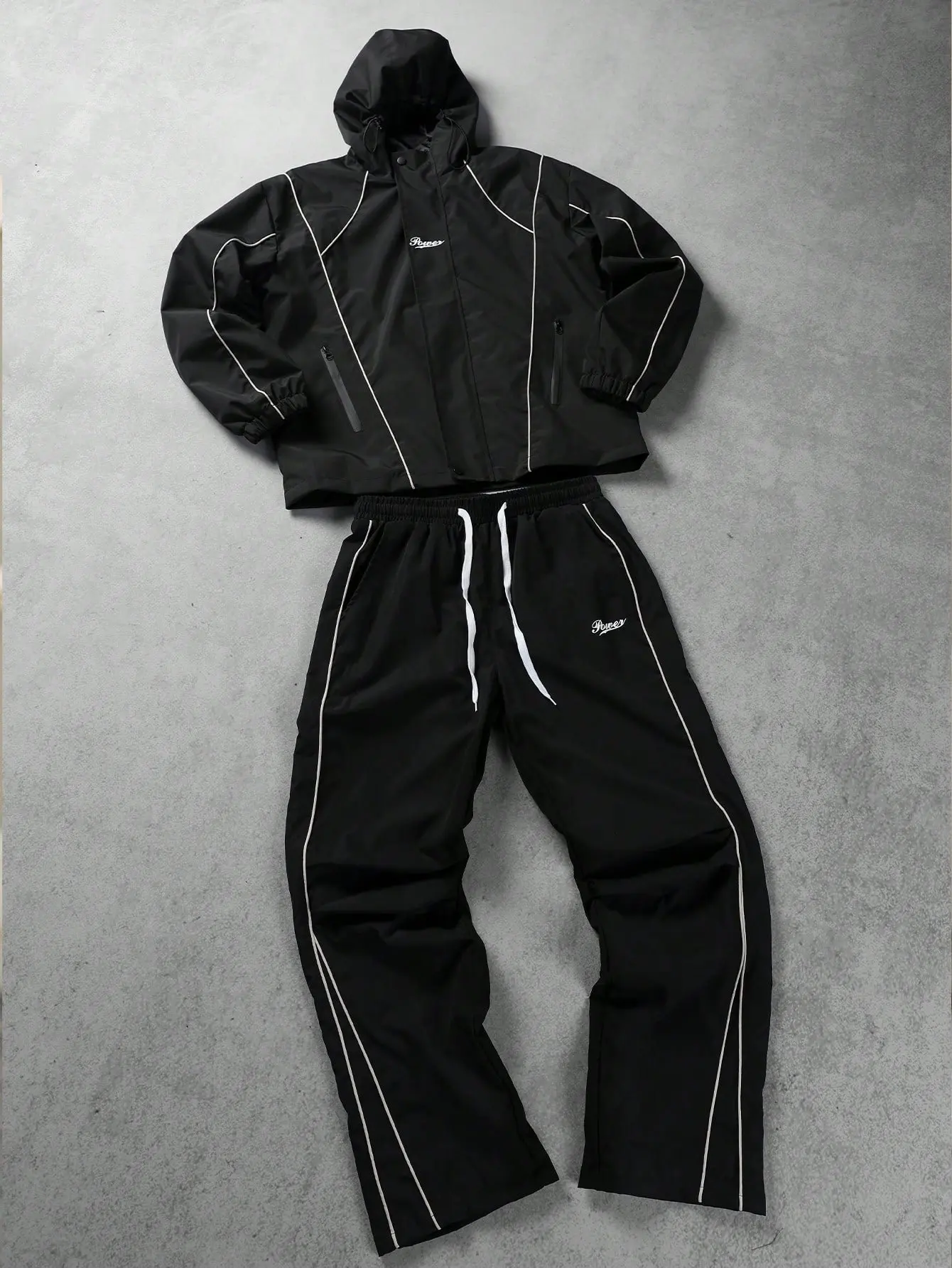 Men's Vintage Striped Loose-Fit Hooded Windbreaker Tracksuit, 2-Piece Streetwear Set with "Power" Script Logo, Two Piece Set