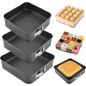 Springform Pan Set of 3 (9,10,11 Inch) - Square Shaped Leakproof Cheesecake Pans with Removable Bottom, Nonstick Carbon Steel Cake Tin for Valentine‘s Day, Anniversary Baking (Square)