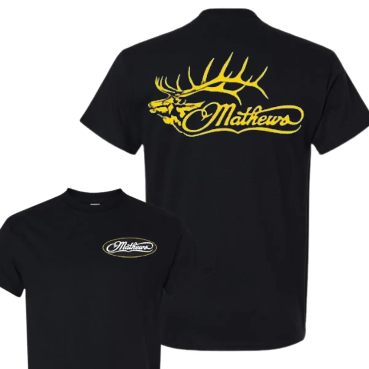 Mathews Archery T-Shirt - Bold Yellow Antler Design (2 Sides), Soft Cotton, Unisex Classic Fit, Enhanced Durability, for Outdoors Hunters, Gift for Hunters, Collared Neck, Short Sleeve, True To Size, S