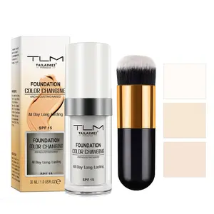 30ML Color Changing Foundation Liquid Set with Makeup Brush, SPF 15 Sun Protection, Waterproof & Sweatproof, Long-Lasting Natural Finish
