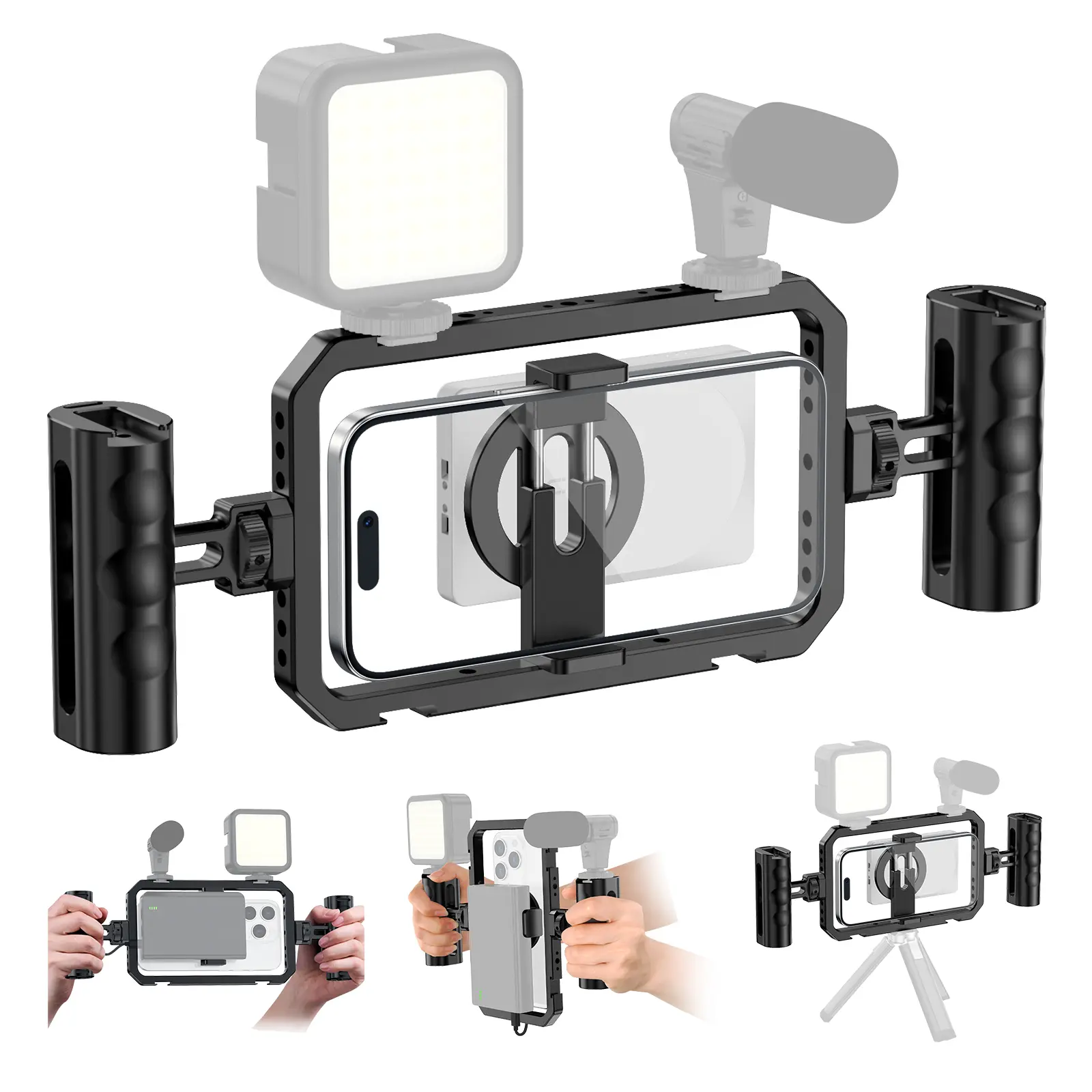 Mobile Phone Video Rig, Mobile Phone Grip Stabiliser Cage with Magsafe, Aluminum Alloy Video Recording Rig Vlogging Kit, Compatible with iPhone Magsafe and Power Bank Clip, Cellphone Camera Stabilizer, Magnetic Phone Stabilizer