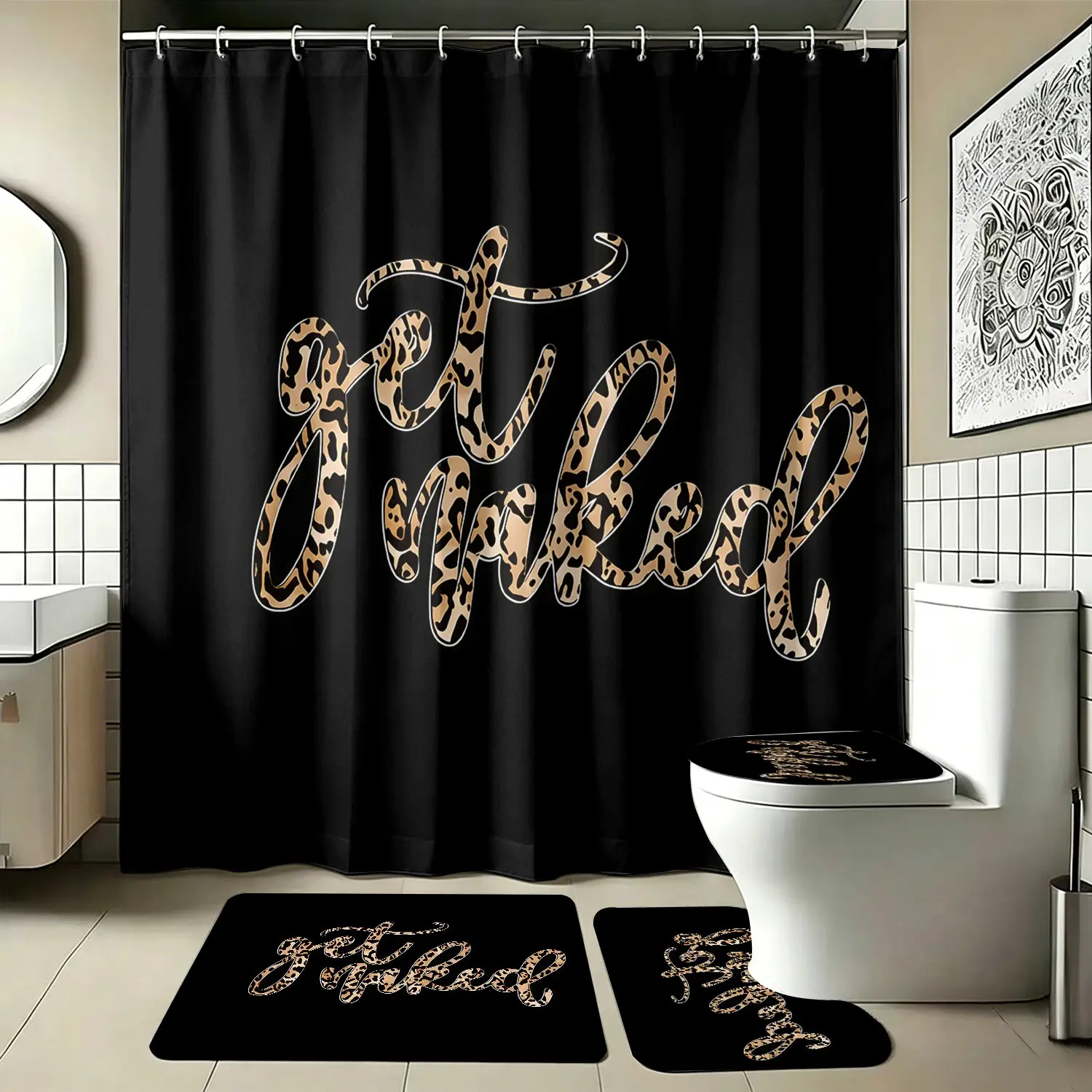 4pcs Leopard Print "Get Naked" Shower Curtain Set, Black Background Sassy Quote,  The floor mat fabric is thicker and softer! Bold Trendy Bathroom Decor And Accessories, Curtain & Rugs Combo, Perfect for Festive Glam Vibe