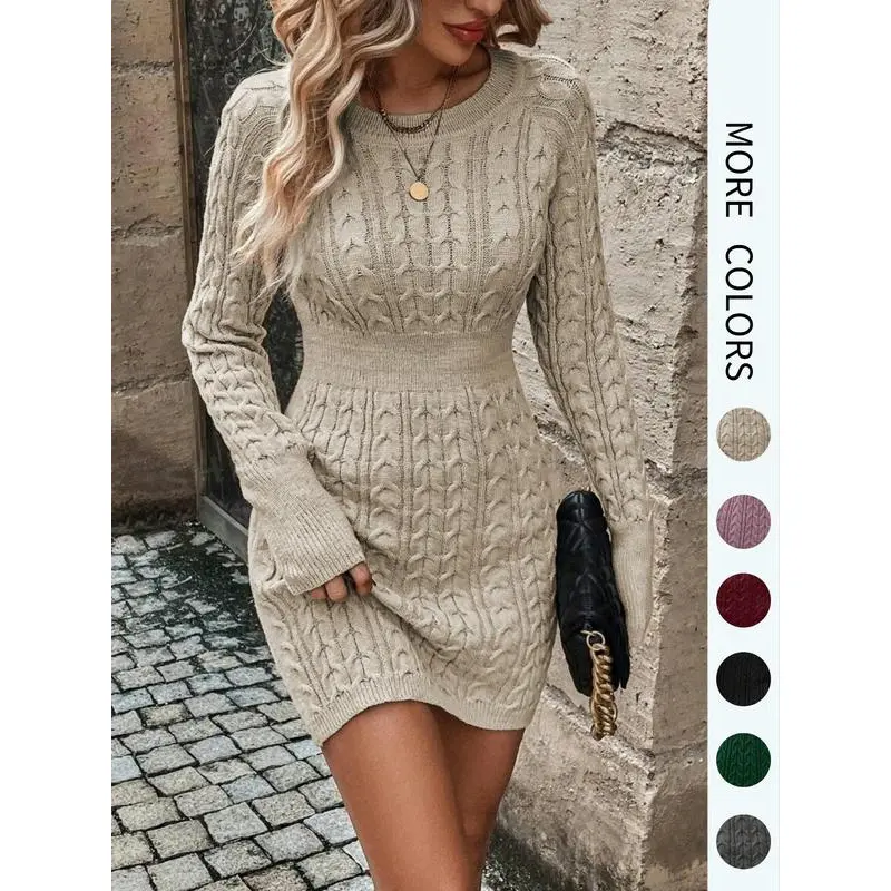Women's Plain Round Neck Knit Bodycon Sweater Dress, Lady Elegant Fashion Casual Long Sleeve Jumper Dress Daily Outdoor Wear, Women Knitwear Fall & Winter