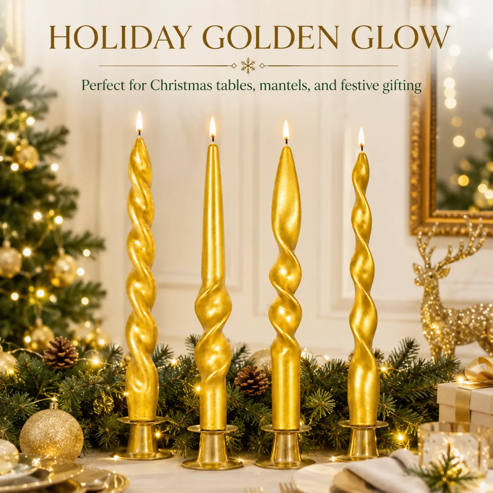 4-Piece Metallic Gold Twisted Taper Candle Set, 10in Decorative Low-Drip Unscented Paraffin Wax Candles with Cotton Wicks – Centerpiece for Weddings, Table Decor, Gift Option