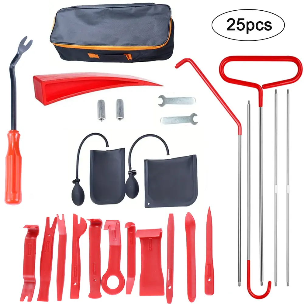 25pcs portable car door and tire repair tool set, emergency car fastener remover air wedge with storage bag, car and truck tire repair tools (red)