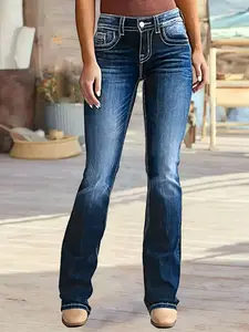 Women's Butt Lifting Stretchy Bootcut Jeans - Trendy, Casual, Everyday Flare Leg Bottoms with Unique Pocket Design for Fall, Winter