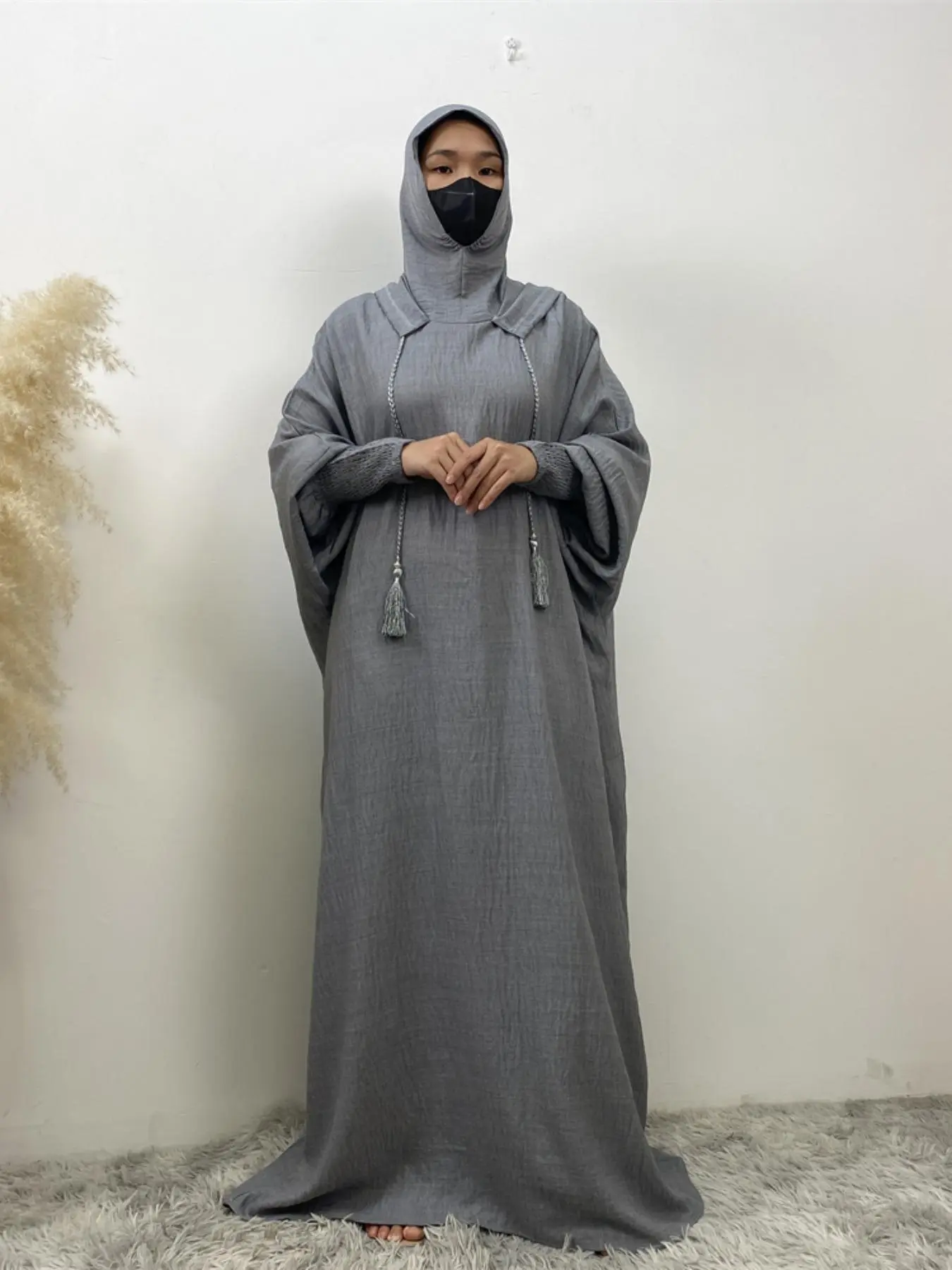 Women's Solid Color Batwing Sleeve Drawstring Hooded Abaya, Casual Modern Shirred Cuff Long Sleeve Hooded Dress for Spring & Fall, Women's Islamic Clothing for Daily Wear, Modest Muslim Outfits, Modesty Wear