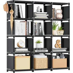 12-Cube Book Shelf Storage Organizer, Tall DIY Bookshelf and Modular Cube Rack for Bedroom, Living Room, Office, Closet, Metal and Plastic Cubicle Organizer, Adjustable Bookcase with Hooks for Hats and Umbrellas, Home Storage Gift