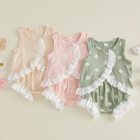 [Lullaby] Cute Baby Girls 2-Piece Summer Cotton Blend Gift Sets, Floral Daisy Print Sleeveless Crew Neck Ruffled Trim Button Top & Matching Shorts Clothes