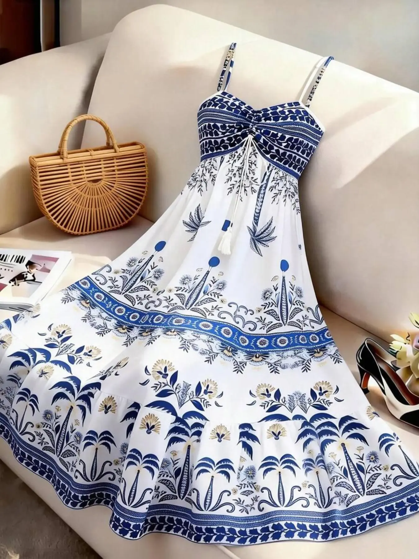 Women's Printed Thin Strap Tie Waist A-Line Dress, Casual Office, Vacation, Fashion Date, French Street Style, Summer New Arrival