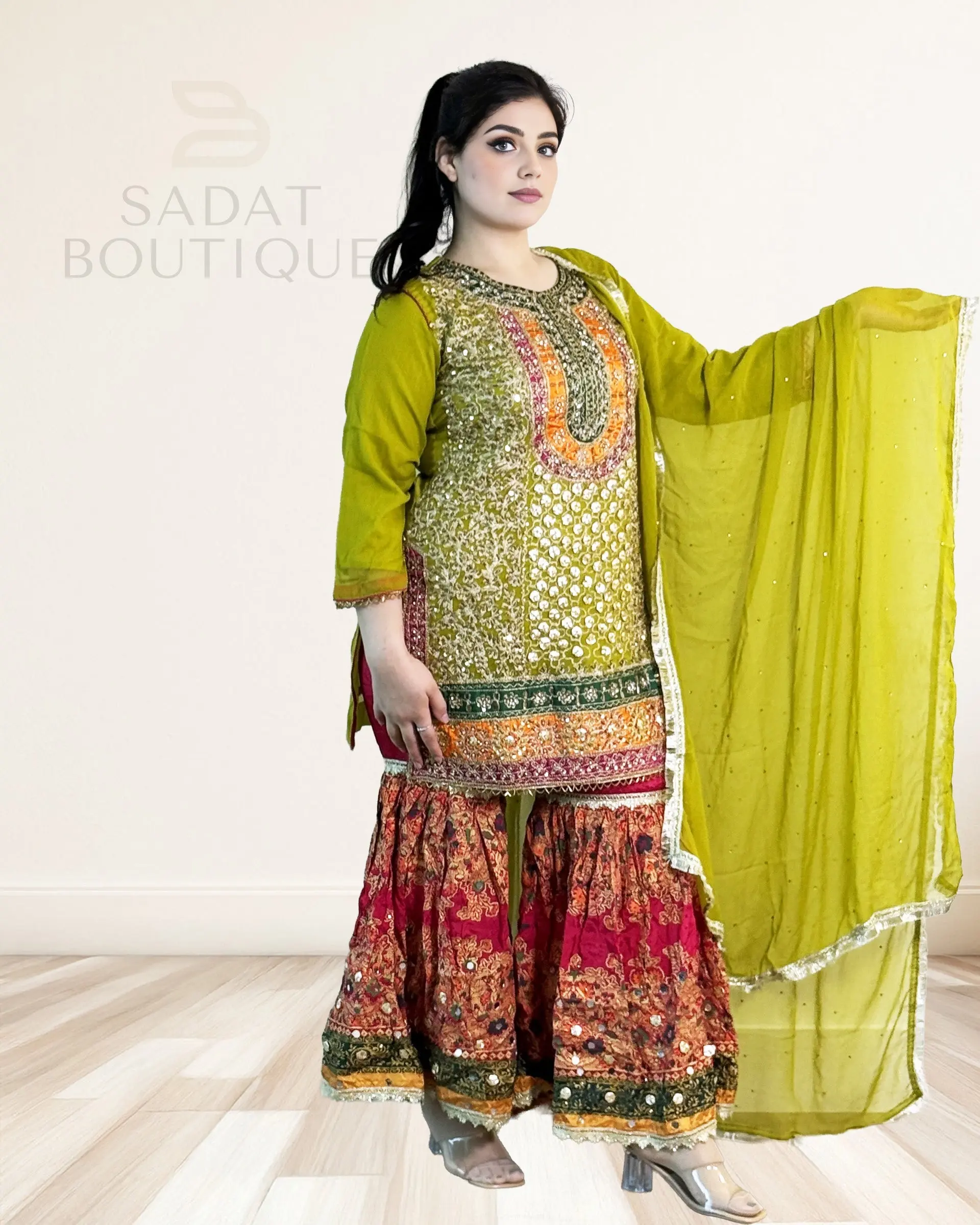 Olive Lime Embroidered Kurti with Sharara & Dupatta – 3-Piece Set