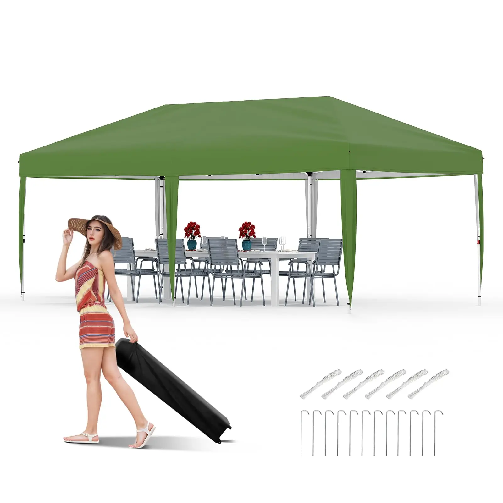 10x10/10x20 FT Heavy Duty Pop Up Canopy Tent, 210D Oxford Waterproof Outdoor Gazebo, Rust-Proof Metal Frame, 3 Adjustable Heights & UV Protection, Come with Roller Bag, Sandbags, Stakes and Ropes, Easy Setup for Patio Beach Party Events