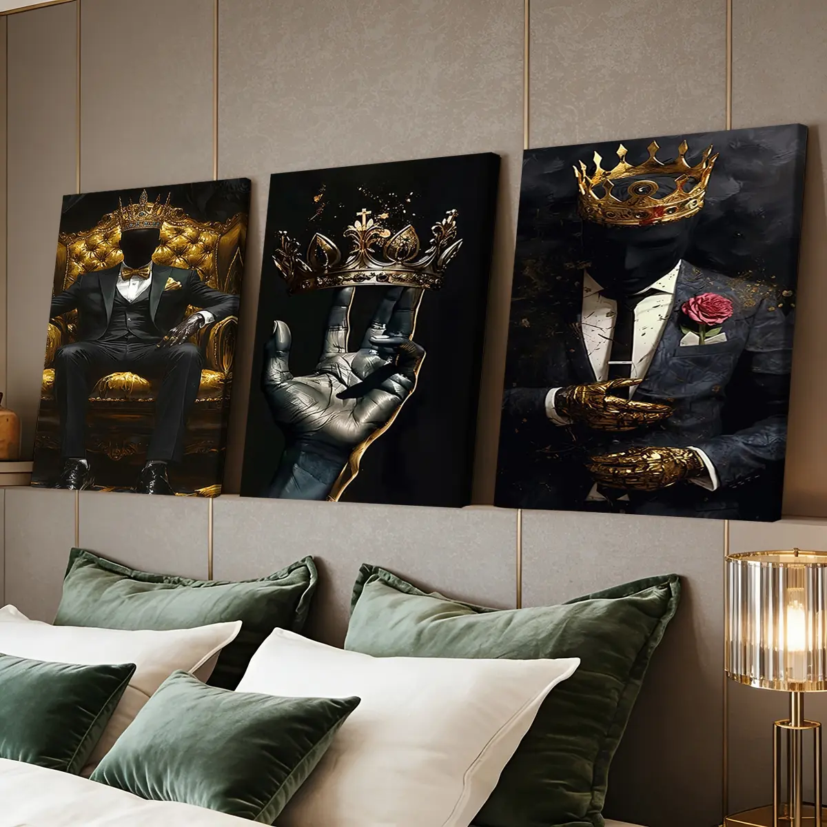 3 Counts Wooden Framed Canvas Painting, Golden Crown King Abstract Art Images, Exquisite Poster, Perfect Living Room Decoration, Modern Home Decor, Modern Art, Fashion Family Poster, Wall Art Decoration, Waterproof Art, Abstract Design 3 Counts Wooden Framed Canvas Painting, Golden Crown King Abstract Art Images, Exquisite Poster, Perfect Living Room Decoration, Modern Home Decor, Modern Art, Fashion Family Poster, Wall Art Decoration, Waterproof Art, Abstract Design