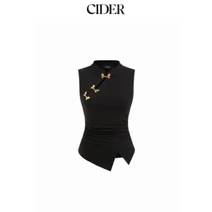 Cider [size 2-10] Mandarin Collar Metal Detail Cut Out Ruched Split Top
