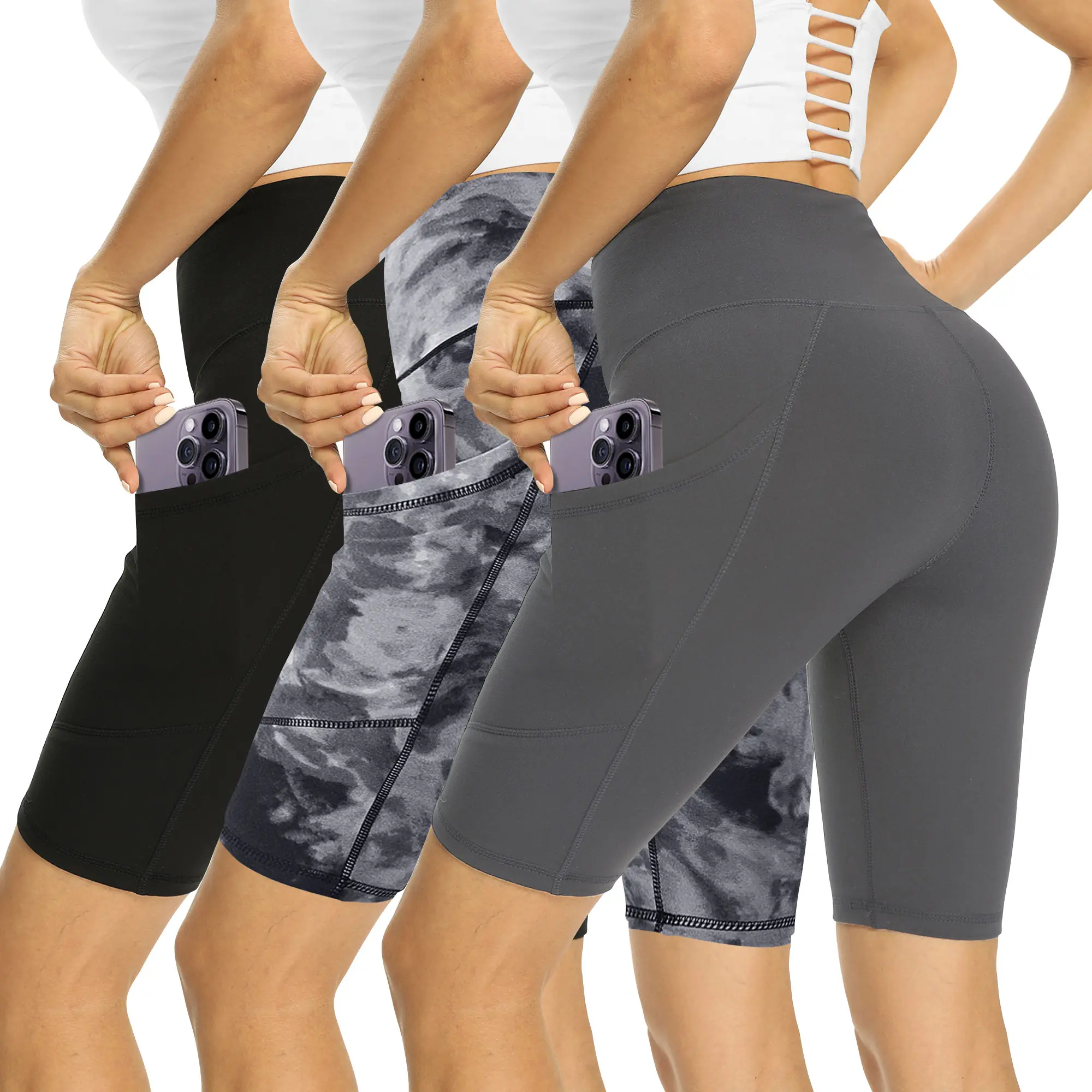 Showitty Women's 1/3 Pack 11” High Waist Biker Shorts with Pockets - Soft, Comfy Stretchy, Fashion Athletic, Cycling Yoga Fitness Bottoms for Summer Casual Workout Daily Wear, Soft Shorts, Fashion Athletic Shorts