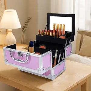 SM-2176 Aluminum Makeup Train Case Jewelry Box Cosmetic Organizer with Mirror 9"x6"x6" Pink