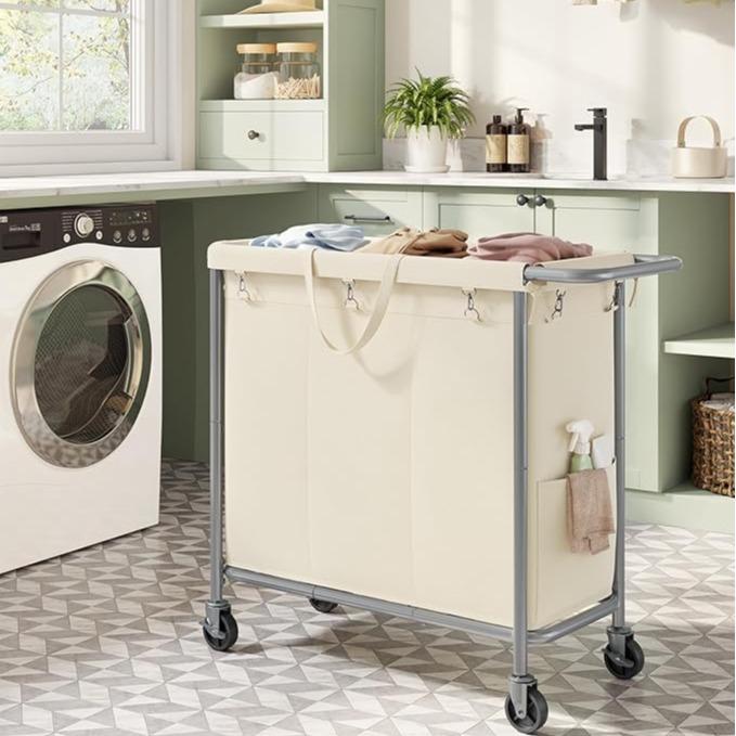 【Deals For You】SONGMICS HOME Laundry Basket with Wheels, Rectangular Rolling Laundry Hamper, Removable Liner, Steel Frame with Handle, Storage, Organiser
