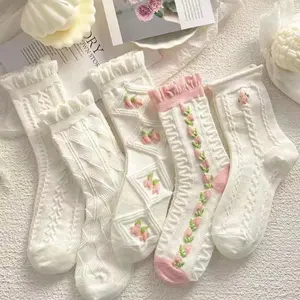5 Pairs White Cute Socks, Women's Lace Ruffles Ankle Casual Sock, Breathable Mid Tube Socks, Floral Crew Socks
