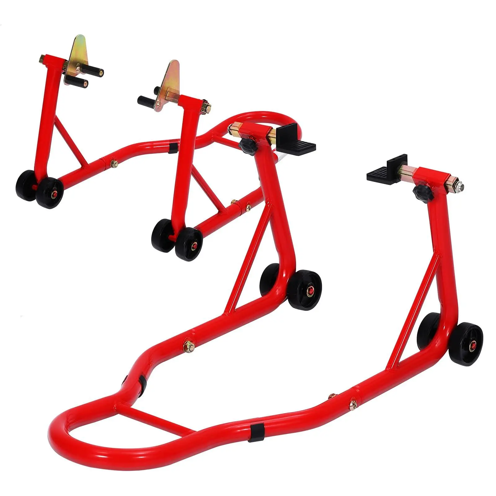 GAOMON PioneerWorks Universal Motorcycle Stand Lift Combo, 900 LBS Heavy-Duty Steel Swingarm Spool Stand for Yamaha Honda Kawasaki Suzuki BMW and Most Sport Bikes 2 Packs Front and Rear Paddock Stand Red