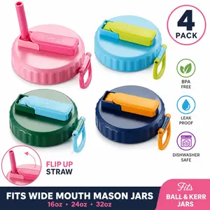 Summervibes 4 Pack Wide Mouth Mason Jar Lids with Straw, Leak-Proof Covers for Drinking or Storage, Fits Ball & Kerr Mason Jars summerwins,summerwins