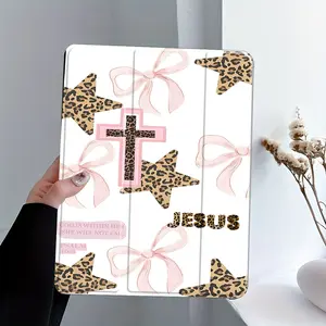 This leopard-print religious aesthetic case features a Juses 46:5 psalm pattern, an adjustable stand and pen holder, and a foldable, non-slip TPU design. It's suitable for Samsung, iPad mini, iPad Air, iPad Pro/iPad 10th and 11th generation iPads.