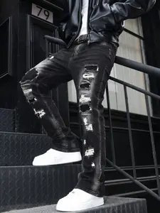 Men's Washed Multi-Layer Ripped Jeans, Casual Ripped Denim, Slim-Fit Mid-Waist Denim Jeans, Fashionable Streetwear Pants for All Seasons