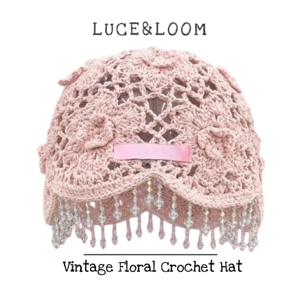 LUCE&LOOM Women's Handmade Crochet Floral Polyester Cap - Sparkle Bead Coquettecore Hat for Birthday, Graduation, Daily Wear (Summer Beach, Business Occasions), Everyday, Casual, Female, Party, Sparkle Beads, Prom