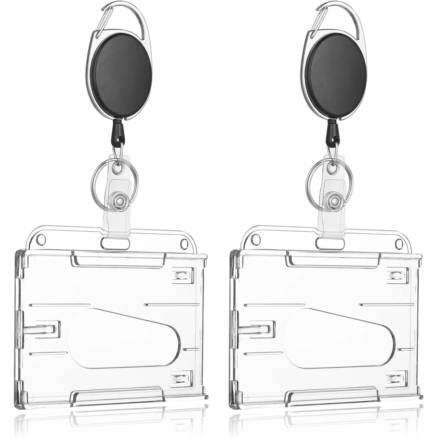 2 Pack Hard Plastic Badge Holders with Heavy Duty Badge Reels, Clear ID Card Holder Retractable Badge Reel Clip Thumb Slot Credit Card Protector for Nurse  Teacher Office(Horizontal)