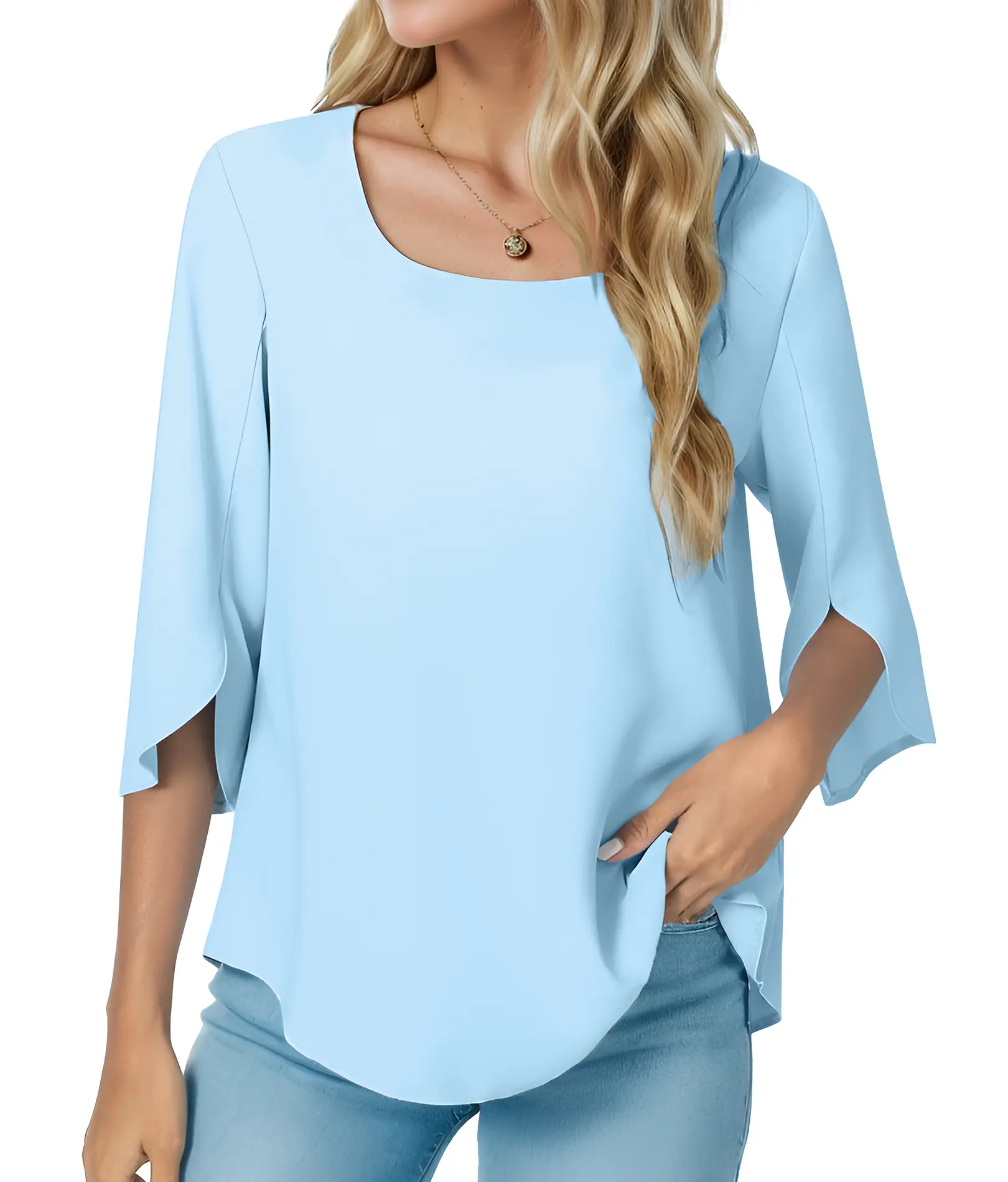 ZEAGOO  Womens 2025 Summer Casual Square Neck Loose Tunic Top for Leggings 3/4 Sleeve Chiffon Blouse