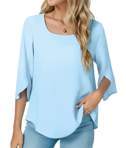 ZEAGOO  Womens 2025 Summer Casual Square Neck Loose Tunic Top for Leggings 3/4 Sleeve Chiffon Blouse