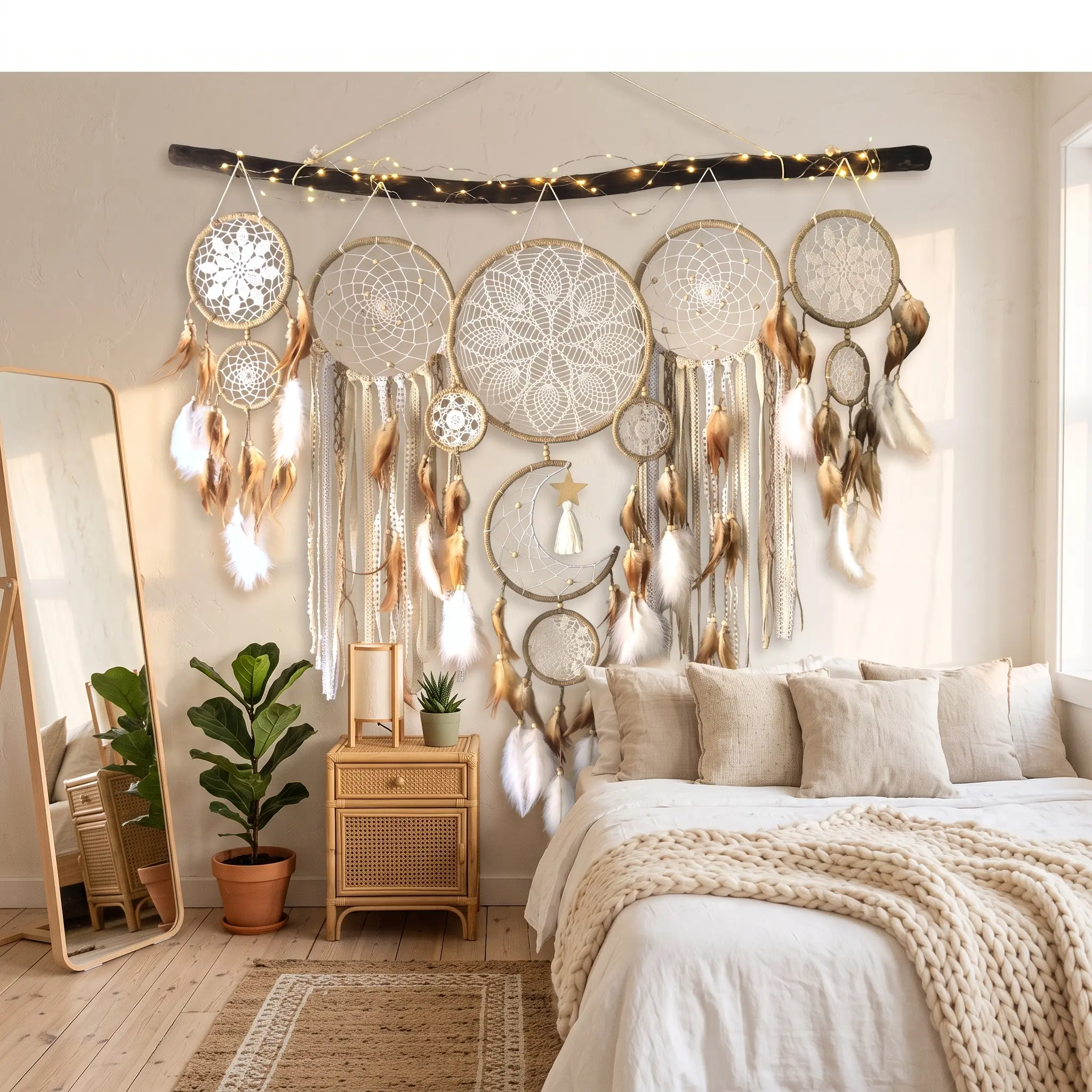 5-Piece Hangable Boho Moon Dream Catcher Wall Decor, Large Handmade Feathered Camel Decor for Bedroom, Wedding DIY Home Decoration (Toys & Hobbies-Knitting & Crochet)