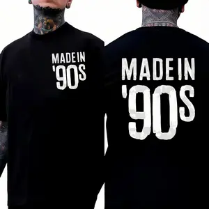 90s Retro Letter Double-Sided T-Shirt Simple Style High-End Sense Commuting Sports Leisure Street Wear Unisex Tops Made in '90s Bold Statement Piece Comfortable Versatile Cotton Material Round Neck Top Black Cardigan graphic tee 90s graphic tees