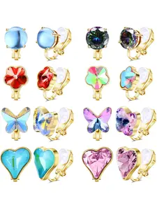 8 Pairs Clip On Earrings Set for Women - Non-Pierced CZ Heart, Butterfly, Flower Earrings - Hypoallergenic, Vibrant Color Birthstone Clip Ons