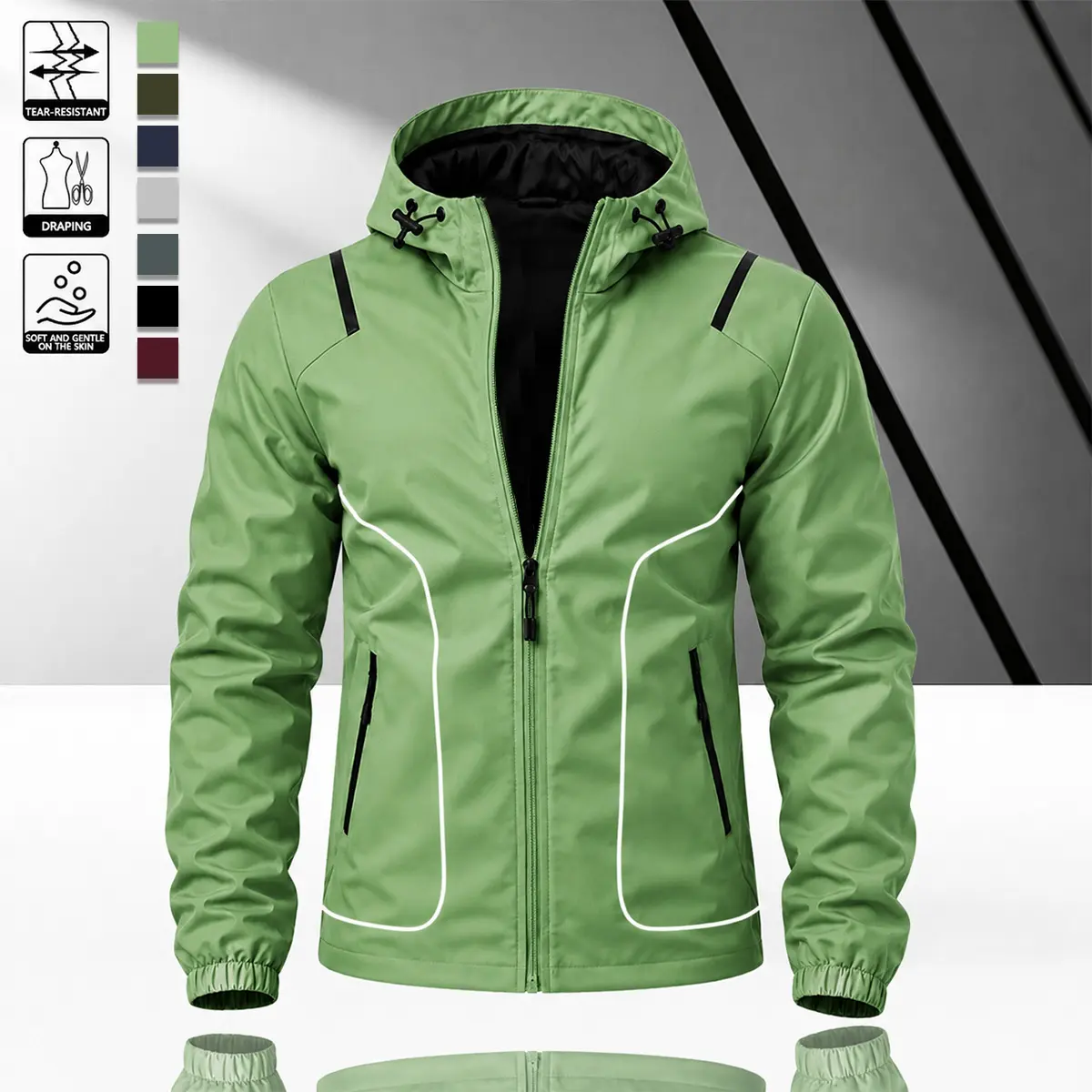 Men’s casual reflective windproof jacket in a green tone, featuring an adjustable hood, elastic cuffs, full zip closure, and prominent white stripes; suitable for nighttime running, urban commuting, and all-day comfortable wear.