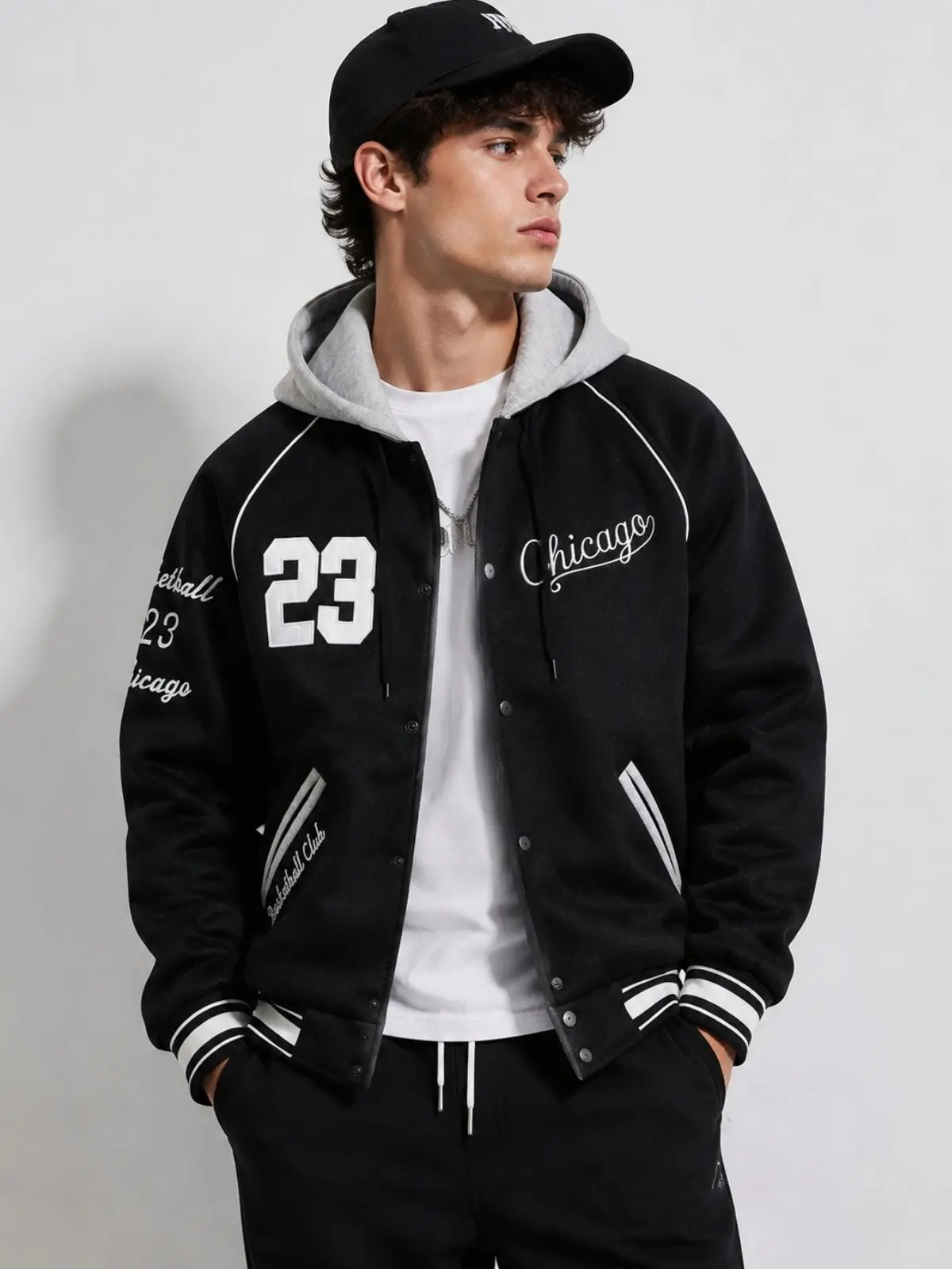 Men’s hooded varsity baseball jacket — casual baseball outerwear for everyday wear; trendy and versatile Chinos Classic