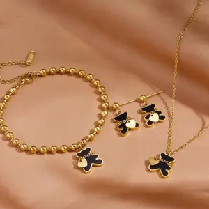 Stainless Steel Beaded Charm Bracelet with Bear Charm Dainty Design Customizable Options Available as a Set or Individual Gold Finish Jewelry Non Tarnish Elegant Minimalist Bangle