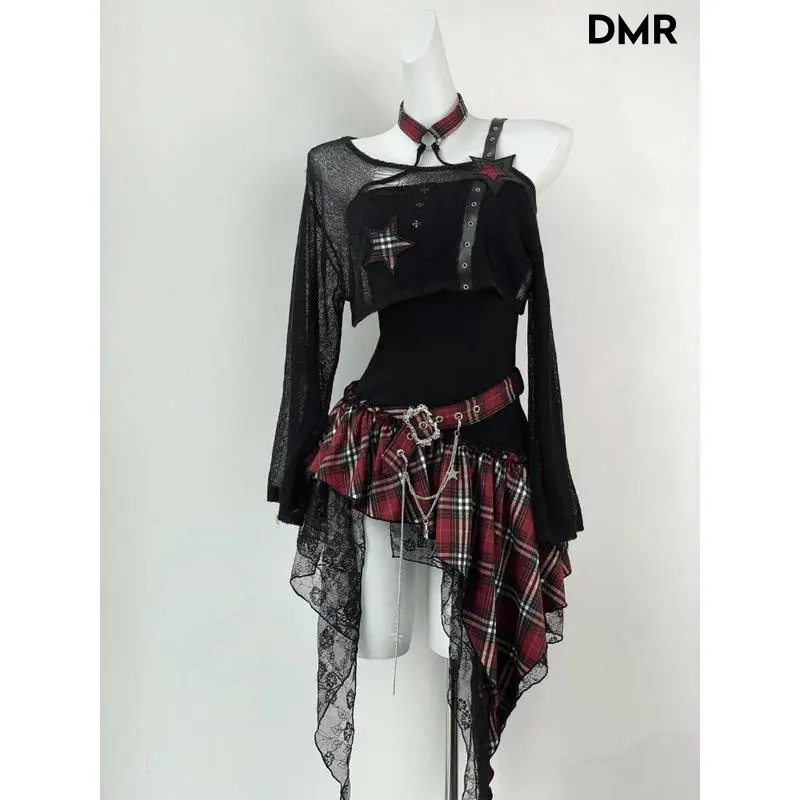 Gothic 2-Piece Dress Set for Women, Long Sleeve Black Crop Top and Vintage Irregular Hem Slip Dress, Slim Fit Women's Clothes, Matching Sets, Longsleeves, Lady, Gothic Blouse, Irregular Dress