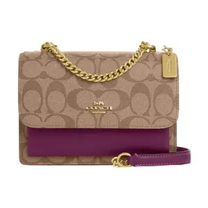 COACH Klare 18 Logo Canvas and Leather Crossbody Bag for Women in Khaki and Deep Berry