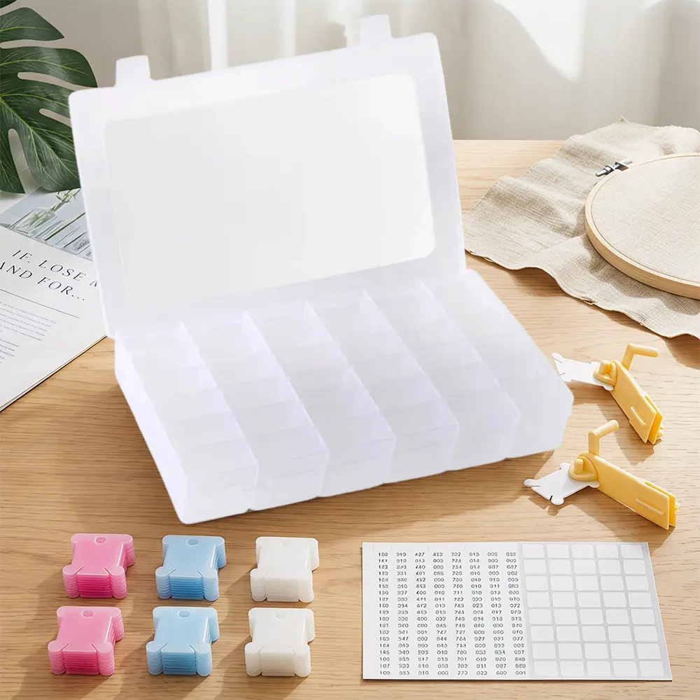 Clear Sewing Organizer Bobbin Winder Cross Stitch Thread Organizer with 36 Compartments 120 Floss Bobbins and Stickers for Craft DIY Embroidery
