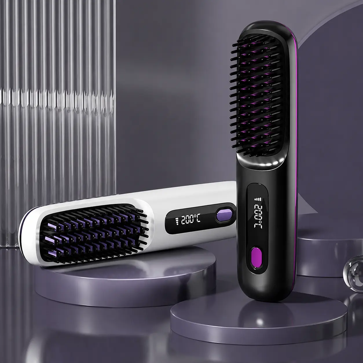 Lightweight Hair Straightener Brush with MCH Rapid Heating, 3 Temp Levels & Cool Air Styling, Fast Charging Travel Ready Hair Tools with Digital Display, Adjustable, Cordless, Anti-Frizz, Dual Voltage, Smooth, Straightening Curly Hair