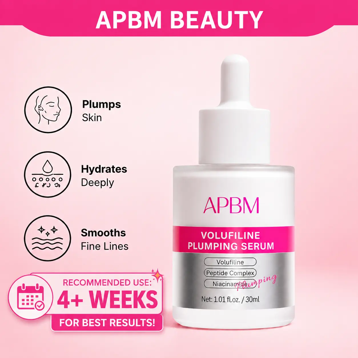 APBM Volufiline Plumping Serum for Face | Volufiline + Niacinamide + Multi-Peptides Facial Serum | Helps Improve Appearance of Fine Lines, Under-Eye Hollows & Smile Lines | Lightweight Hydrating Serum for Fuller, Radiant-Looking Skin (30ml / 1.01 fl. oz.)