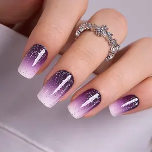 Enchanting Purple Ombre Press - On Nails | CurvLife Nail | 24pcs Medium Square Fake Nails | Glossy Finish with Glittery Gradient & Starry Details | Easy to Apply, Comfortable & Long - lasting | Ideal for Parties, Fantasy Events & Night - time Soirees