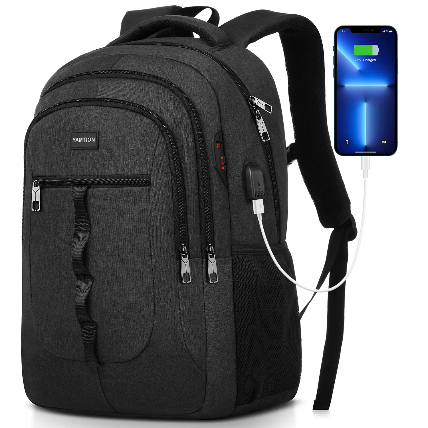 YAMTION Basic Anti-Theft High-Capacity Travel Backpack - Laptop Storage Bag with USB Port, Water-Resistant Shell, Zipper Closure, Fits 15.6-Inch, Multi-Compartment, Adjustable Shoulder Strap for Men (College Use)