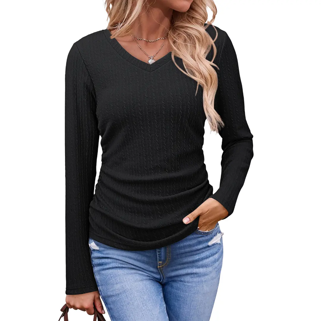 Dokotoo Womens Tops Casual V Neck Long Sleeve Shirts for Women Fashion Solid Ruched Basic Tunics Blouses