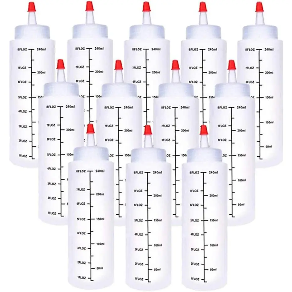 12 Pack 8 oz/240 ml Transparent Refillable Kitchen Plastic Squeeze Bottles, Scaled Squirt Bottles with Red Tip Caps & Black Scales for Seasoning, Sauces, Crafts
